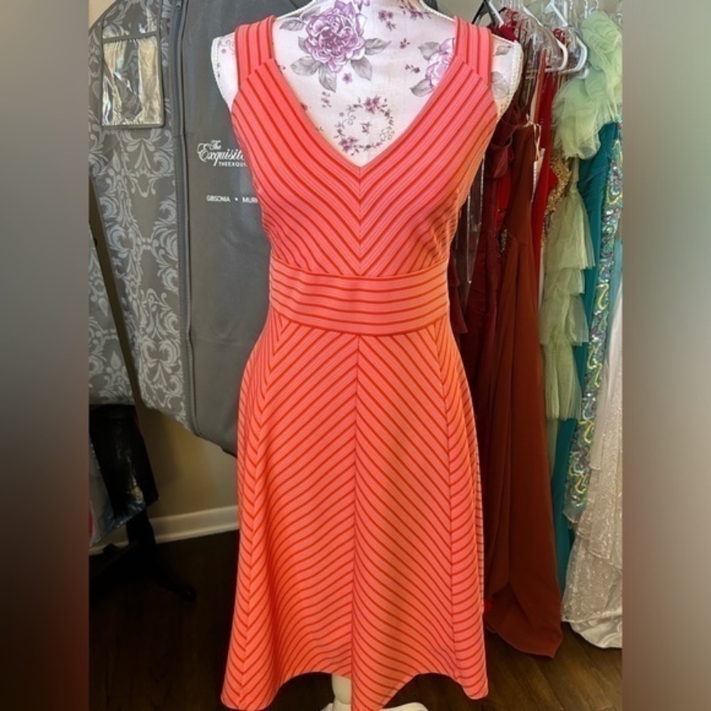 Adrianna Papell Orange Pink Red Stripe Party Dress Crisscross Back Large